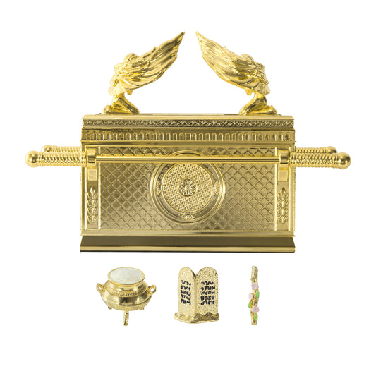 BRTAGG The Ark of The Covenant Historic Model Replica with Rod of Aaron/Manna/Ten Commandments, Gold Plated Religious Decorative Figurine Collectible Judaic Israel (1:10 Scale, 6.8" Long, Model 2793)