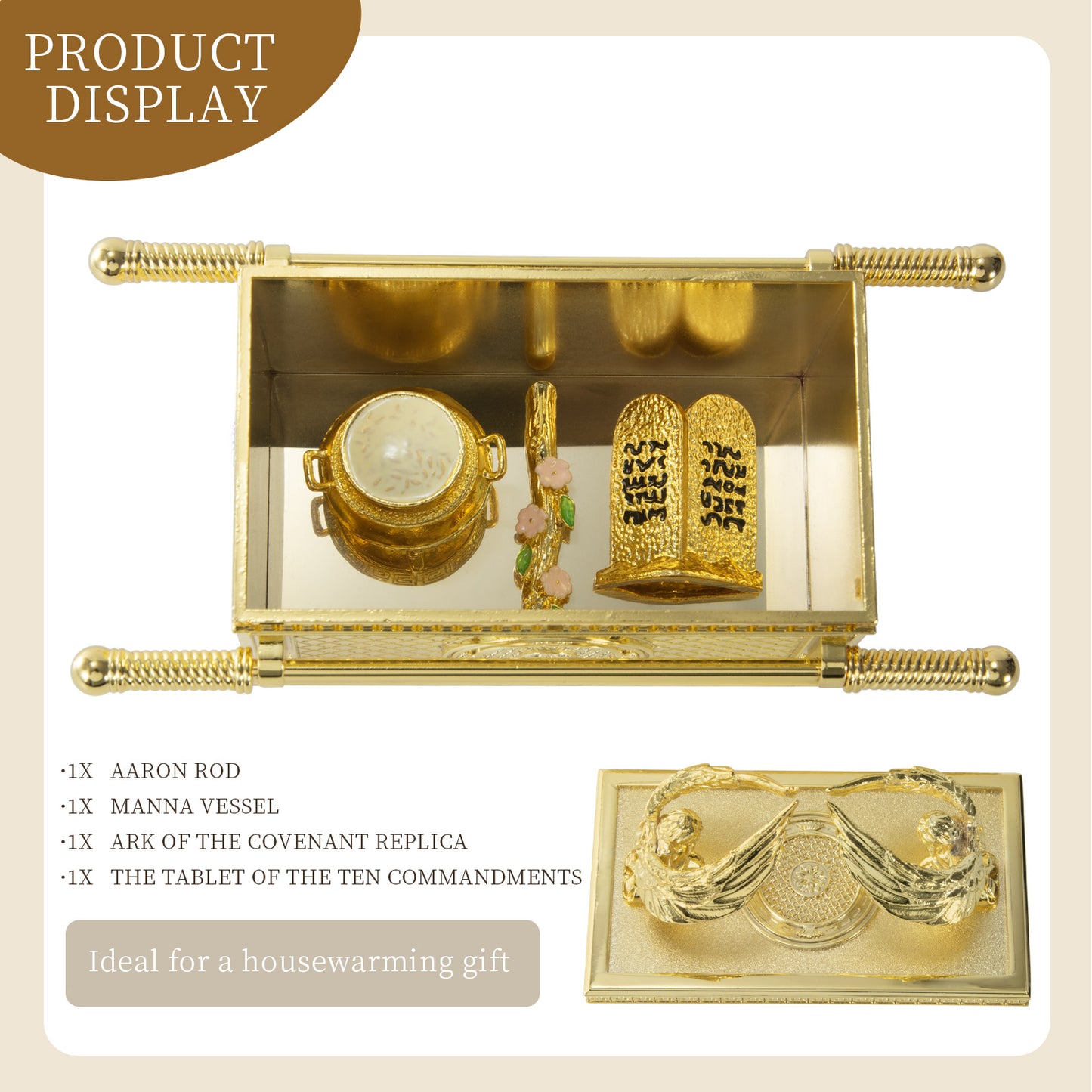 BRTAGG The Ark of The Covenant Historic Model Replica with Rod of Aaron/Manna/Ten Commandments, Gold Plated Religious Decorative Figurine Collectible Judaic Israel (1:10 Scale, 6.8" Long, Model 2793)