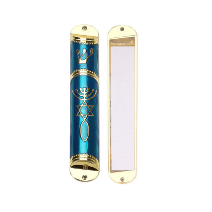 BRTAGG Mezuzah Case with Double Sided Tape, 5.5" Tall, Blue & Gold, Easy Peel and Stick Mezuzah Cover (for 4.3" Scroll)