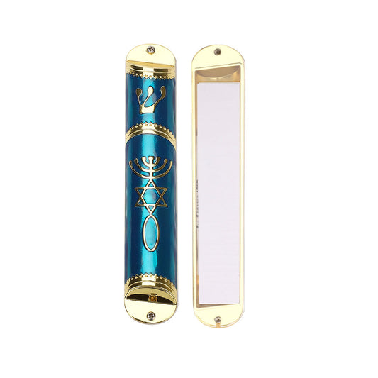 BRTAGG Mezuzah Case with Double Sided Tape, 5.5" Tall, Blue & Gold, Easy Peel and Stick Mezuzah Cover (for 4.3" Scroll)