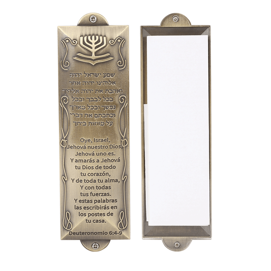 BRTAGG Mezuzah Case with Double Sided Tape, 5.5" Tall, Spanish & Hebrew Scripture, Bronze, Easy Peel and Stick Mezuzah Cover Jewish Gifts (for 4 Inches Scroll)
