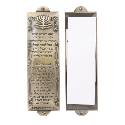 BRTAGG Mezuzah Case with Double Sided Tape, 5.5" Tall, English & Hebrew Scripture, Bronze, Easy Peel and Stick Mezuzah Cover Jewish Gifts (for 4 Inches Scroll)
