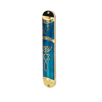 BRTAGG Mezuzah Case with Double Sided Tape, 5.5" Tall, Blue & Gold, Easy Peel and Stick Mezuzah Cover (for 4.3" Scroll)