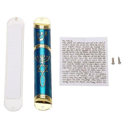 BRTAGG Mezuzah Case with Double Sided Tape, 5.5" Tall, Blue & Gold, Easy Peel and Stick Mezuzah Cover (for 4.3" Scroll)