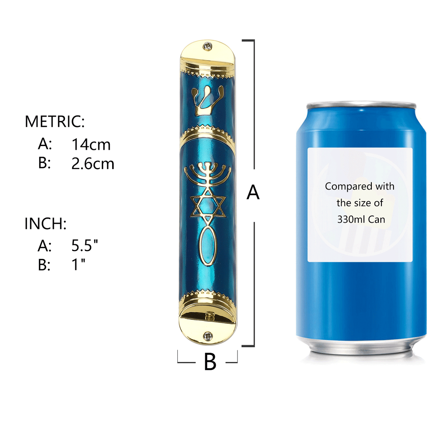 BRTAGG Mezuzah Case with Double Sided Tape, 5.5" Tall, Blue & Gold, Easy Peel and Stick Mezuzah Cover (for 4.3" Scroll)