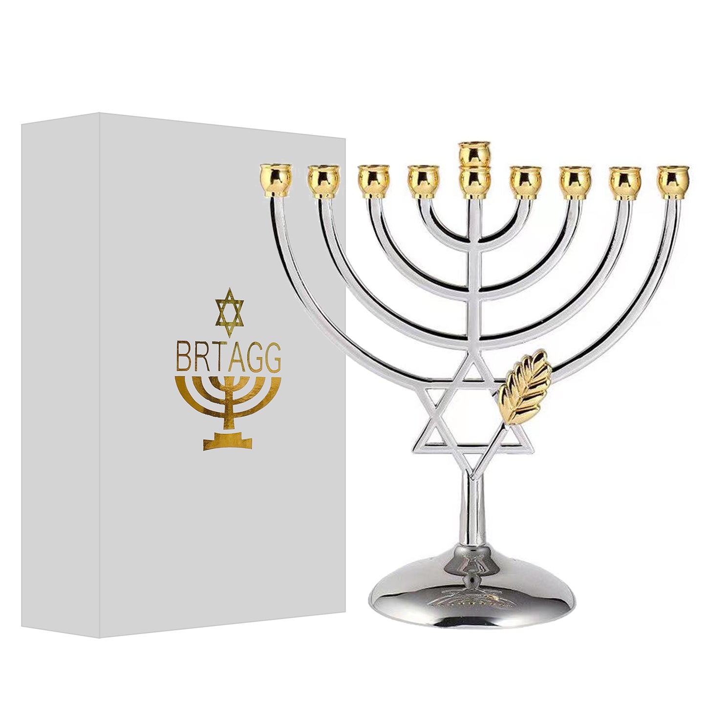 BRTAGG Hanukkah Menorah Upgrade Cups with Built-in Pins, Star of David Candle Holders 9 Branches, Silverplated Full Size Non Tarnish, Jewish Gifts (7 inch)
