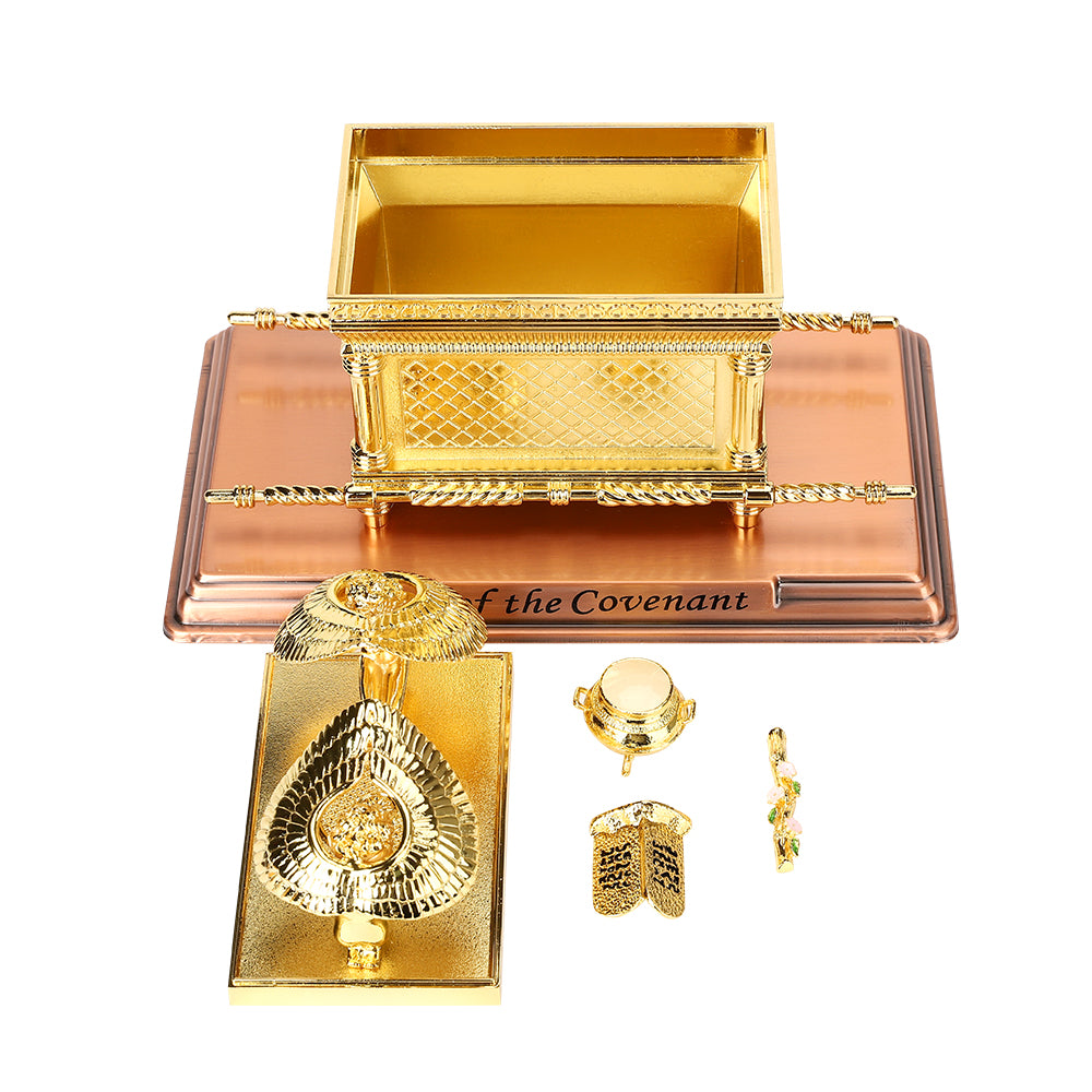 BRTAGG The Ark of The Covenant Replica Gold Plated Statue with Contents, Aaron‘s Rod/Manna/Ten Mandments Stone (Large)