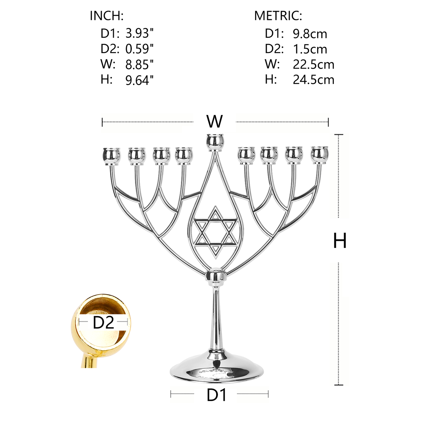 BRTAGG Hanukkah Menorah Upgrade Cups with Built-in Pins, Star of David Candle Holders 9 Branches, Fits All Candles up to 0.59" in Diameter, Jewish Gifts